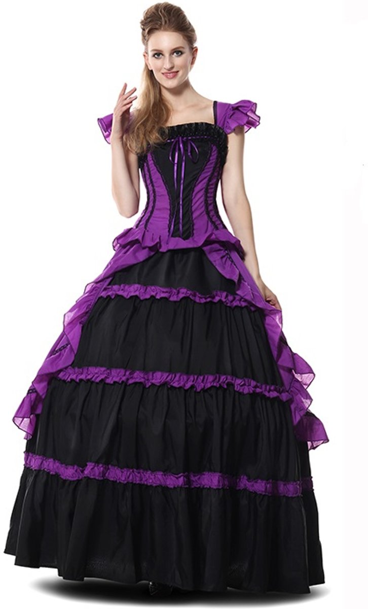 Victoriaans jurk in zwart en paars met hoepelrok | Halloween verkleedkleding maat 40/42